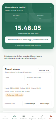 Tampilan absensi Kala Kerja dengan jam masuk dan riwayat absensi